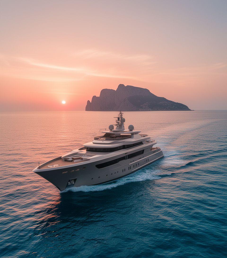 Superyacht al tramonto nelle acque cristalline della Costa Amalfitana con il profilo di Capri all'orizzonte